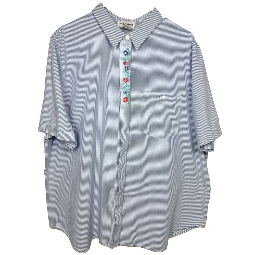 Alfred Dunner 22W Blue White Striped Embroidered Button Up Shirt Cottagecore‎